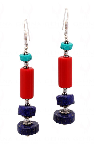 Red Jade, Turquoise & Lapis Lazuli Gemstone Beaded Earrings  ES-1818
