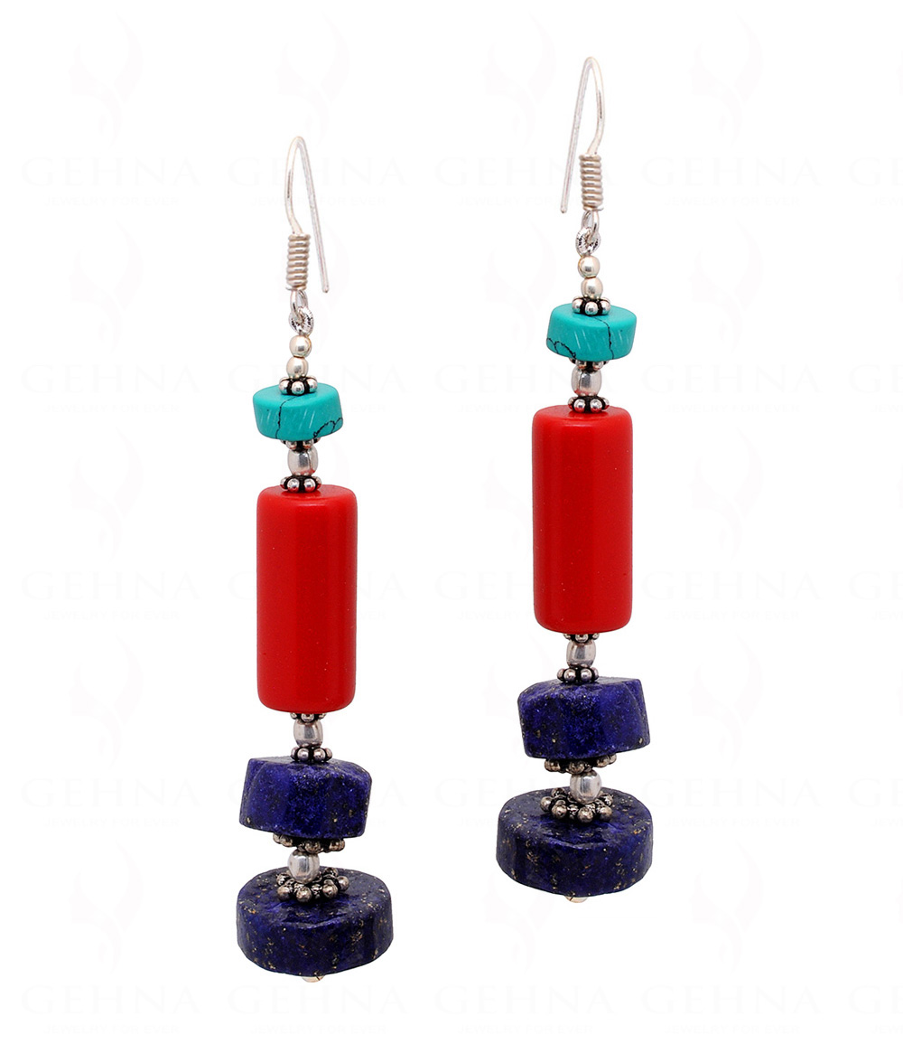 Red Jade, Turquoise & Lapis Lazuli Gemstone Beaded Earrings  ES-1818