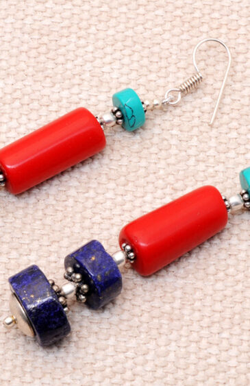 Red Jade, Turquoise & Lapis Lazuli Gemstone Beaded Earrings  ES-1818