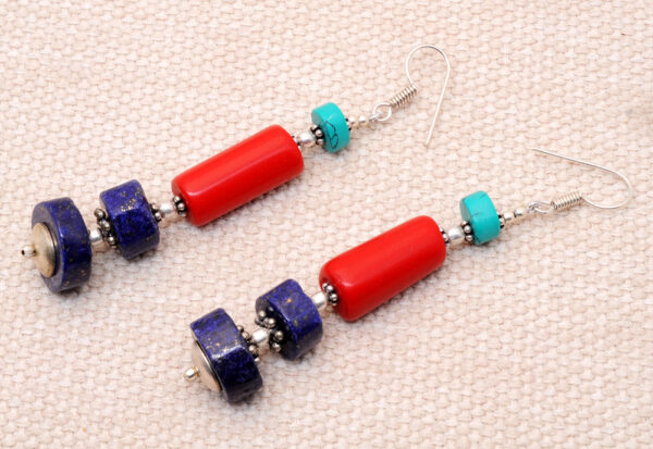 Red Jade, Turquoise & Lapis Lazuli Gemstone Beaded Earrings  ES-1818