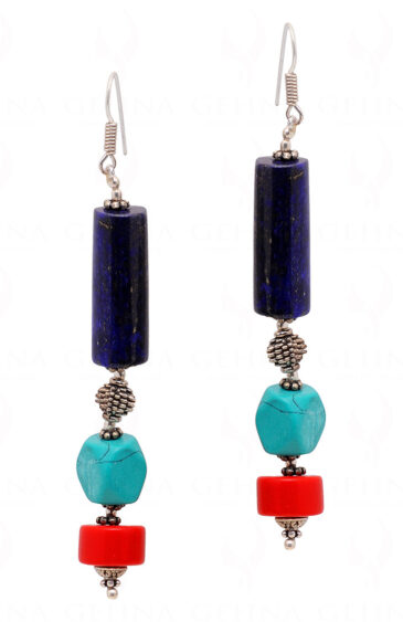 Red Jade, Turquoise & Lapis Lazuli Gemstone Beaded Earrings  ES-1819