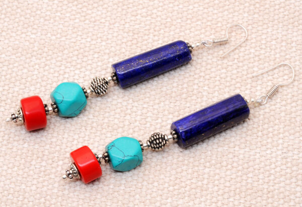 Red Jade, Turquoise & Lapis Lazuli Gemstone Beaded Earrings  ES-1819