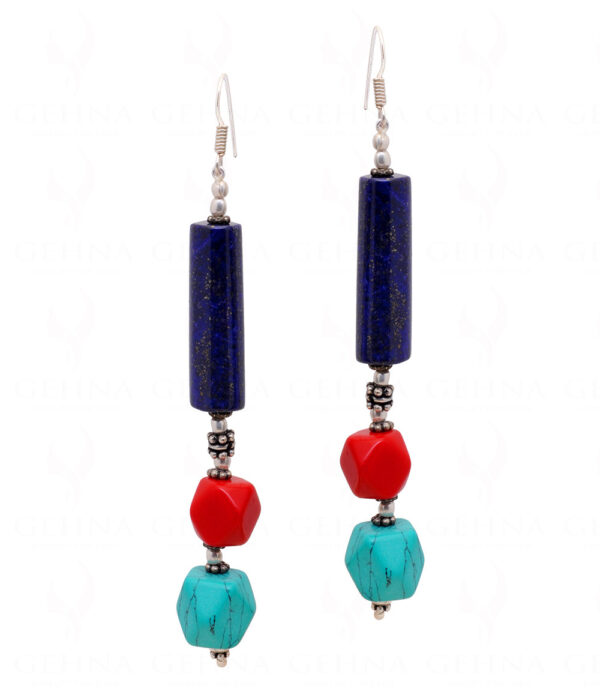 Red Jade, Turquoise & Lapis Lazuli Gemstone Beaded Earrings  ES-1821