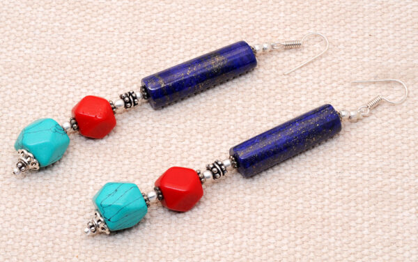 Red Jade, Turquoise & Lapis Lazuli Gemstone Beaded Earrings  ES-1821