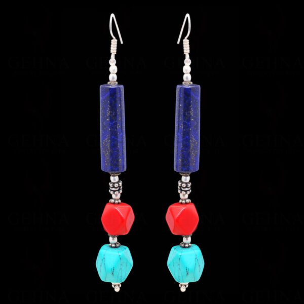 Red Jade, Turquoise & Lapis Lazuli Gemstone Beaded Earrings  ES-1821