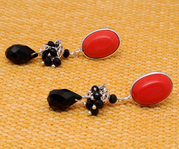 Black Spinel & Red Jade Gemstone Dangle Earrings  ES-1833
