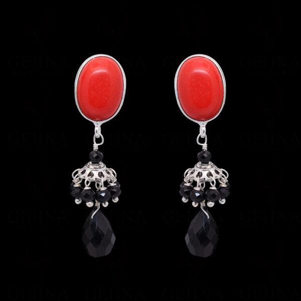 Black Spinel & Red Jade Gemstone Dangle Earrings  ES-1833