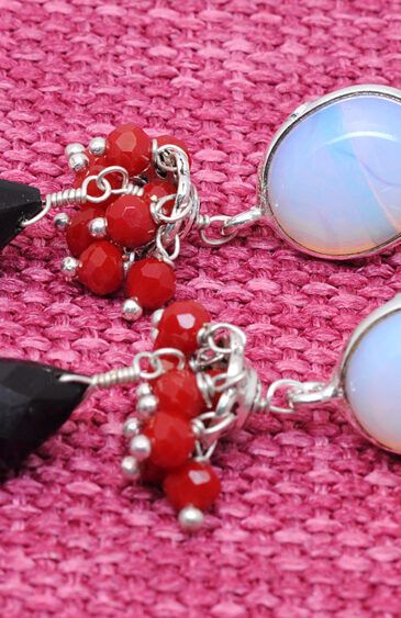 Moonstone, Black Spinel & Ruby Gemstone  Beaded Earrings  ES-1837