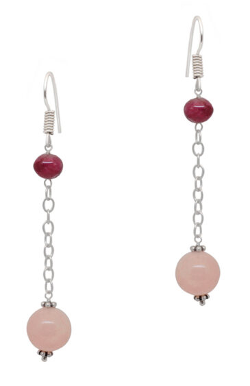 Ruby & Rose Quartz Gemstone Beaded Silver Earrings  ES-1853