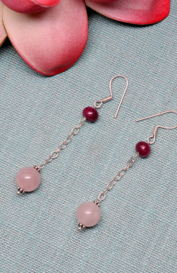 Ruby & Rose Quartz Gemstone Beaded Silver Earrings  ES-1853