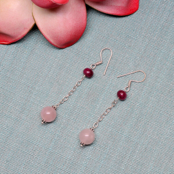 Ruby & Rose Quartz Gemstone Beaded Silver Earrings  ES-1853