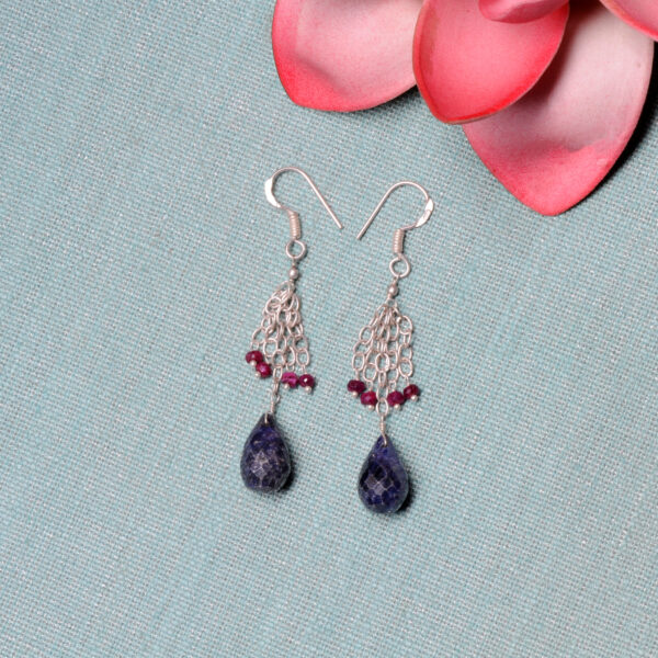 Sapphire & Ruby Gemstone Faceted Beaded Silver Earrings ES-1854