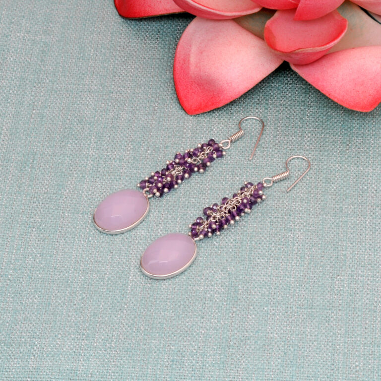 Rose Quartz & Amethyst Gemstone Beaded Silver Earrings ES-1860