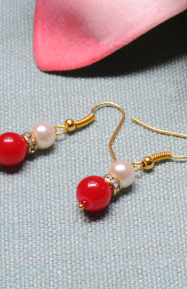 Pearl & Ruby Gemstone Bead Dangle Earrings ES-1864
