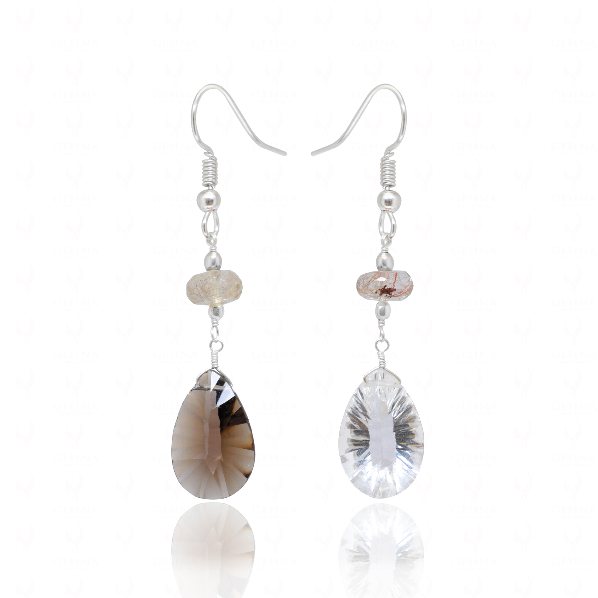 Smoky Quartz, Moonstone & Crystal Gemstone Dangle Earrings ES-1874