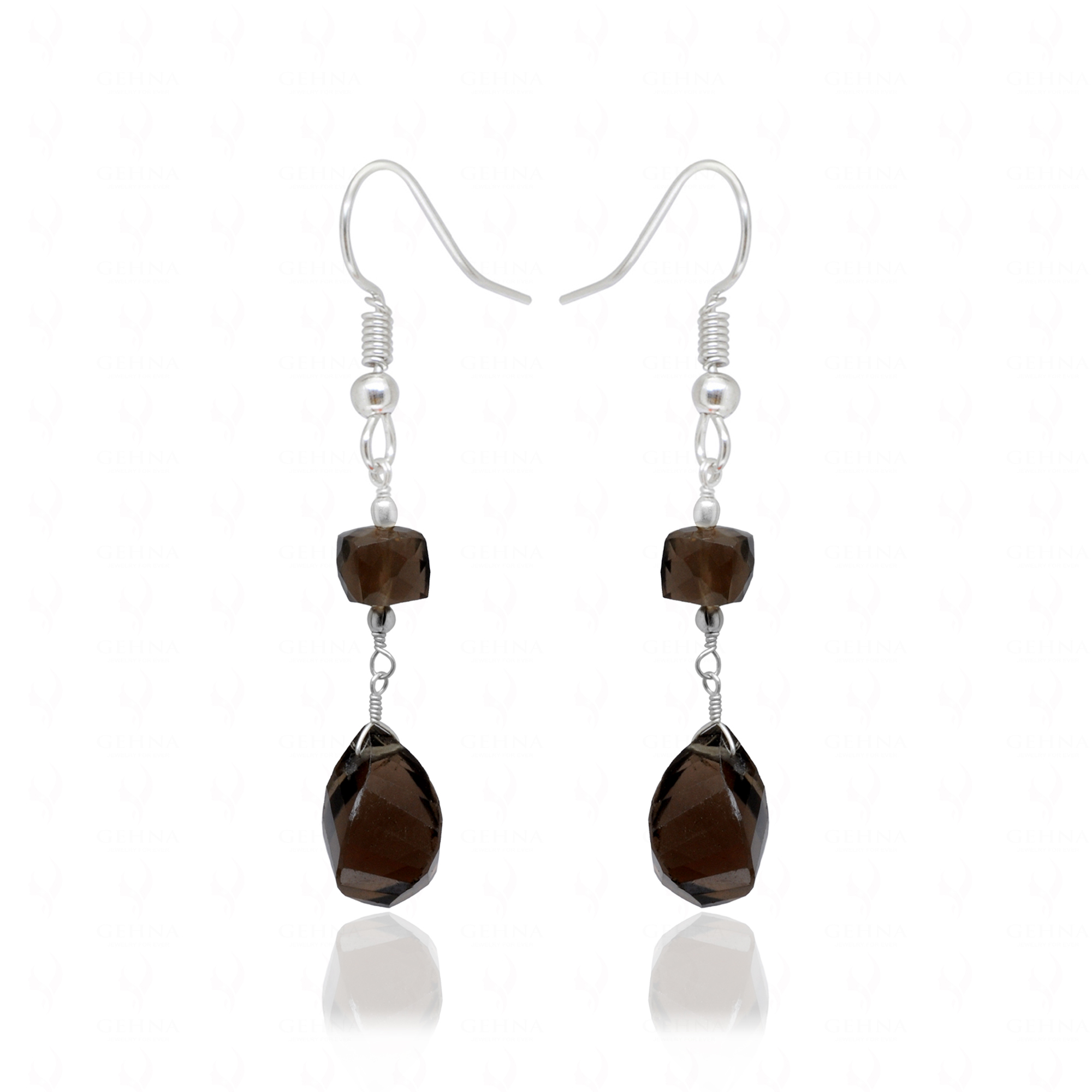 Smoky Quartz Twisted Drops Beaded Danglers In 925 Silver ES-1883