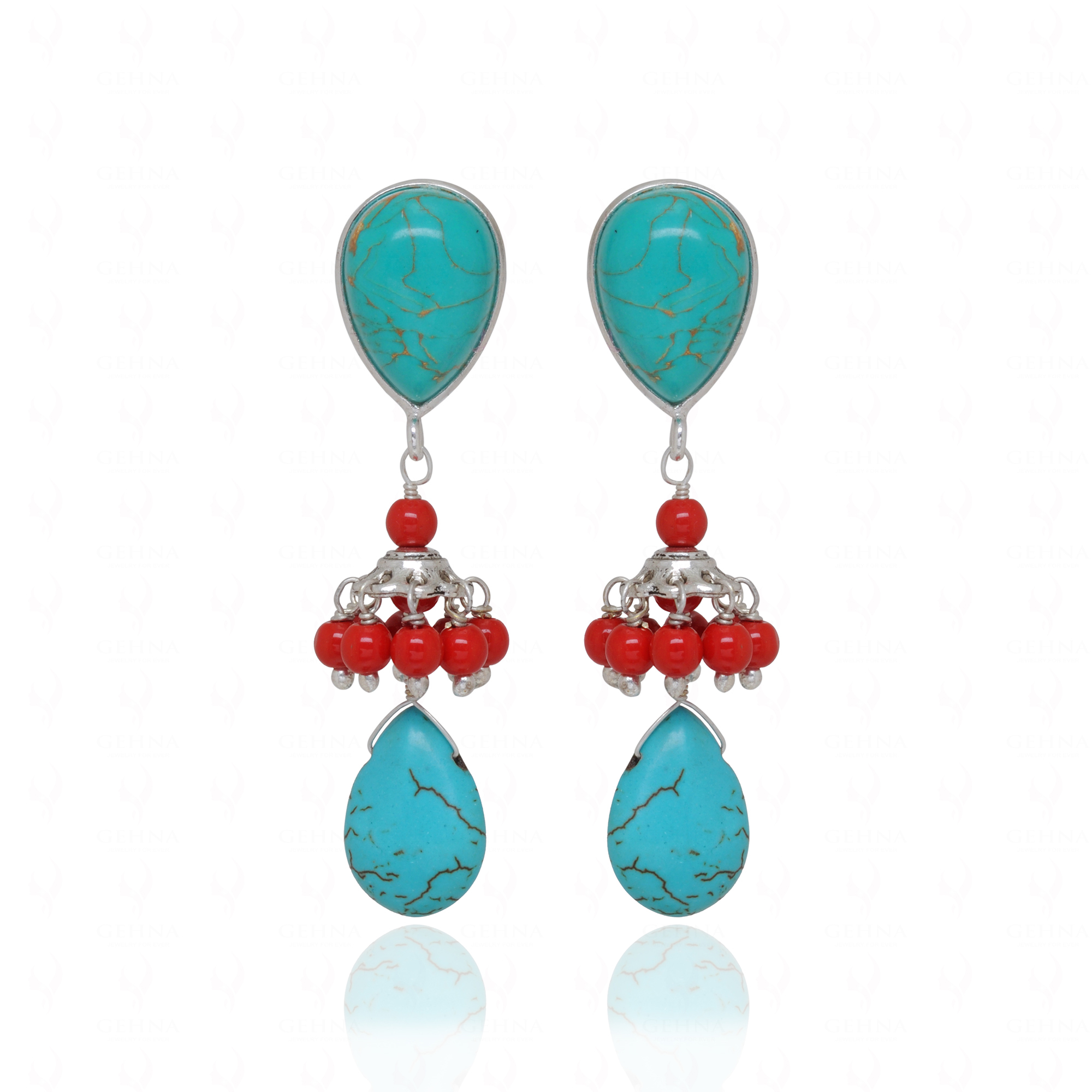 Turquoise & Jade Gemstone Beaded Earrings Made In 925 Silver ES-1886