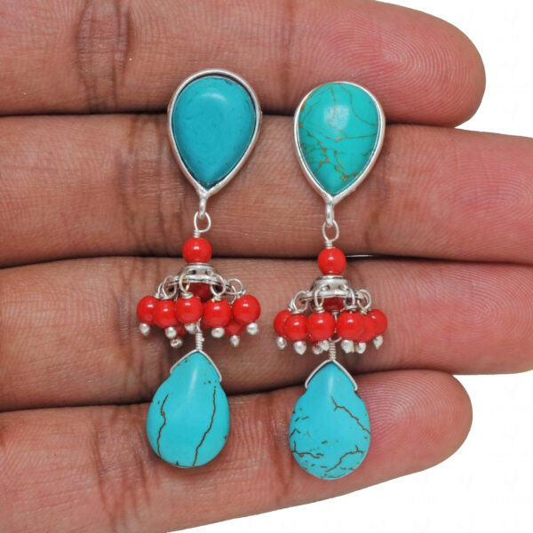 Turquoise & Jade Gemstone Beaded Earrings Made In 925 Silver ES-1886