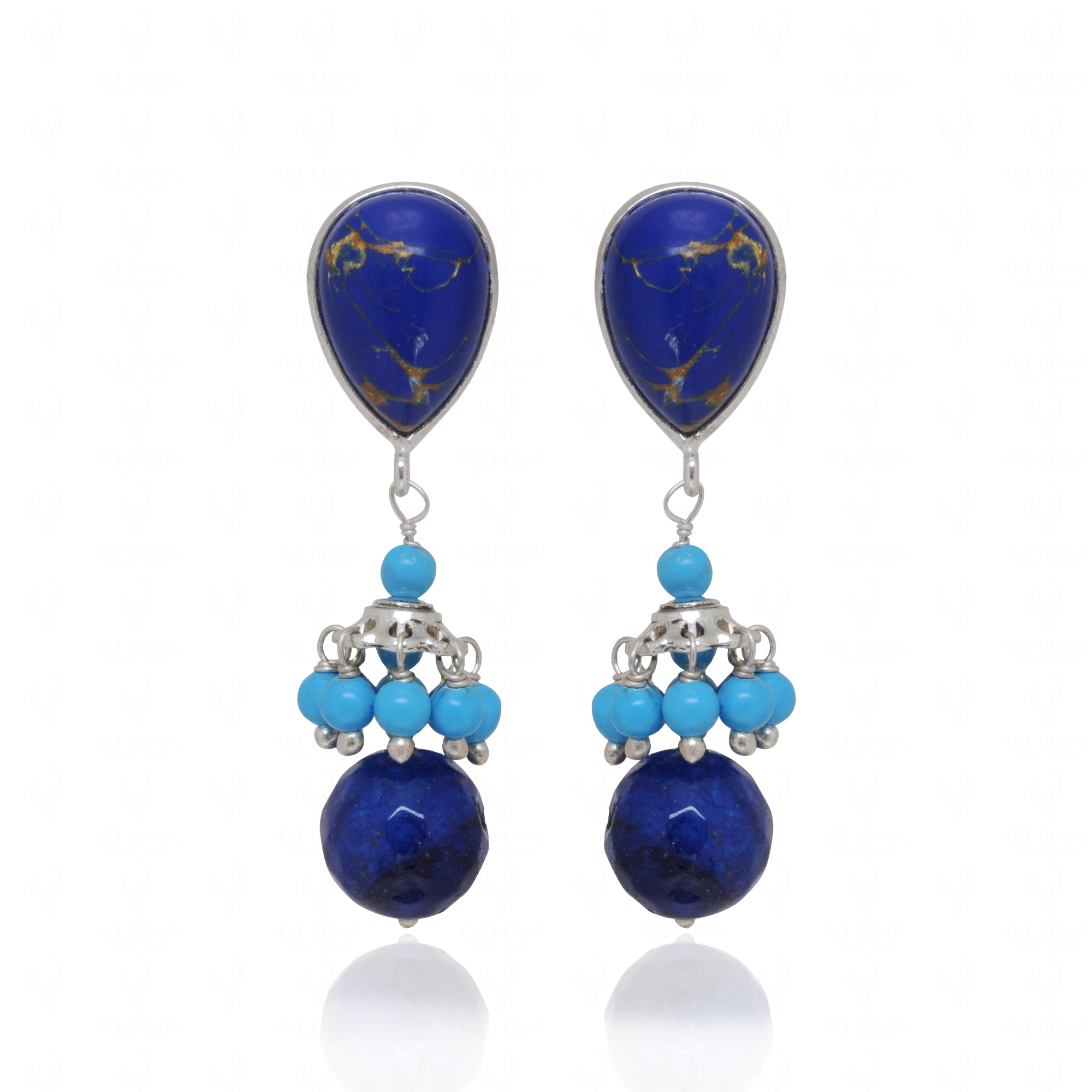 Lapis Lazuli & Turquoise Gemstone Beaded Earrings In 925 Silver  ES-1887