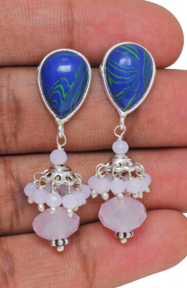 Lapis Lazuli & Rose Quartz Gemstone Beaded Earrings In 925 Silver  ES-1888