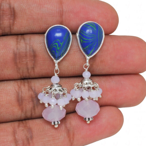Lapis Lazuli & Rose Quartz Gemstone Beaded Earrings In 925 Silver  ES-1888