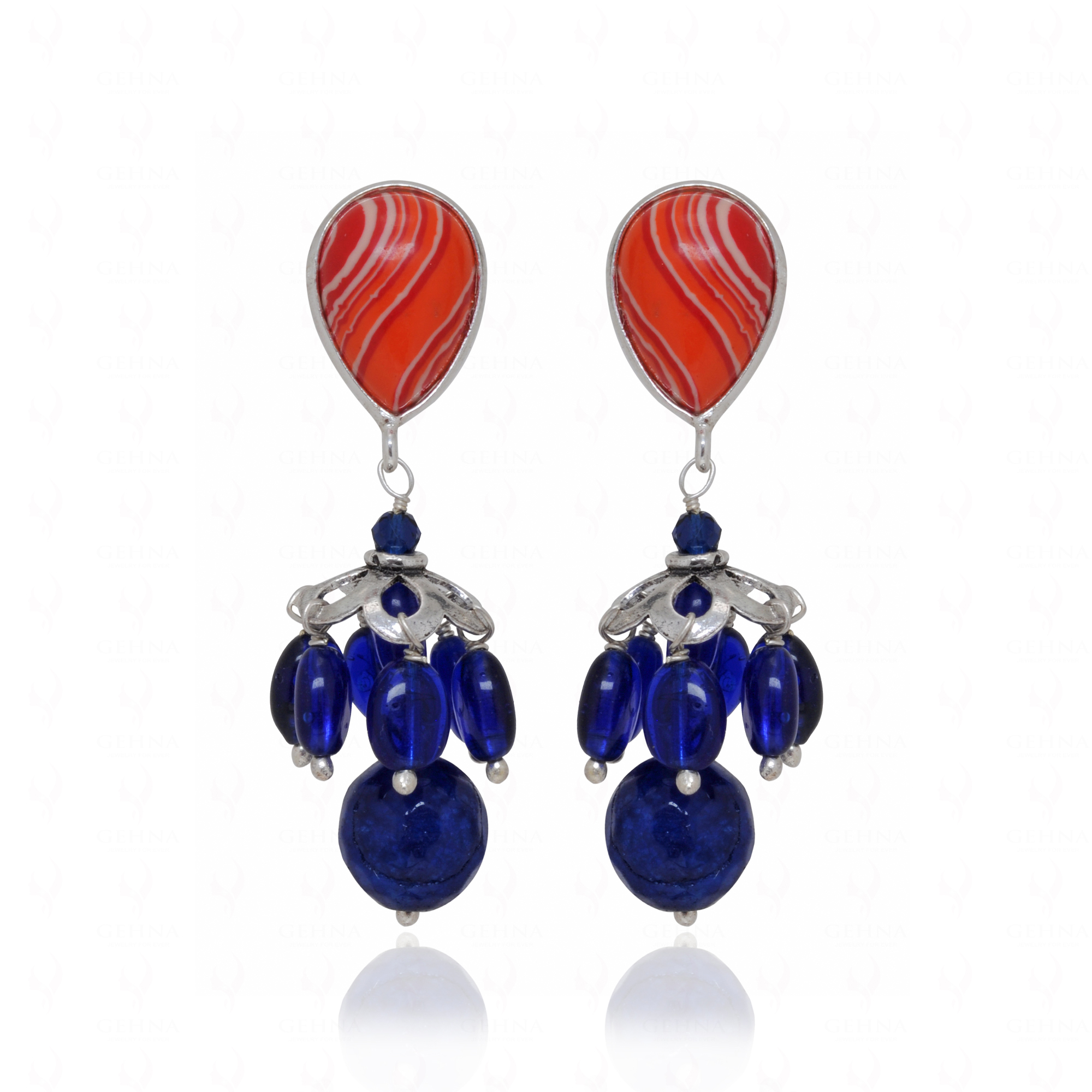 Red Jasper & Blue Sapphire Gemstone Beaded Earrings In 925 Silver ES-1889