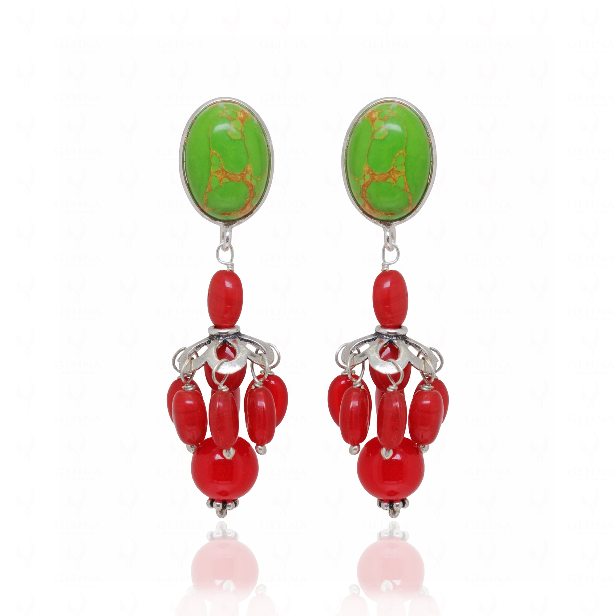 Green Turquoise & Ruby Gemstone Beaded Earrings In 925 Silver  ES-1890
