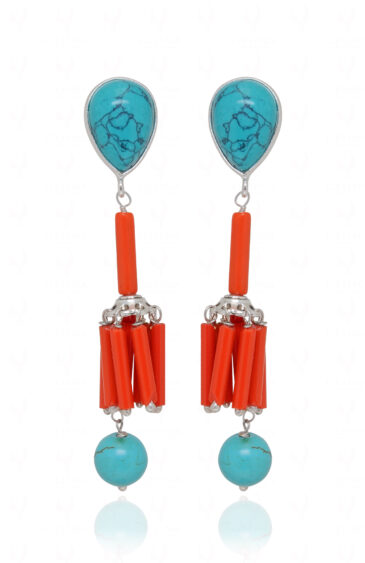 Turquoise & Red Jasper Gemstone Beaded Earrings In 925 Silver ES-1891