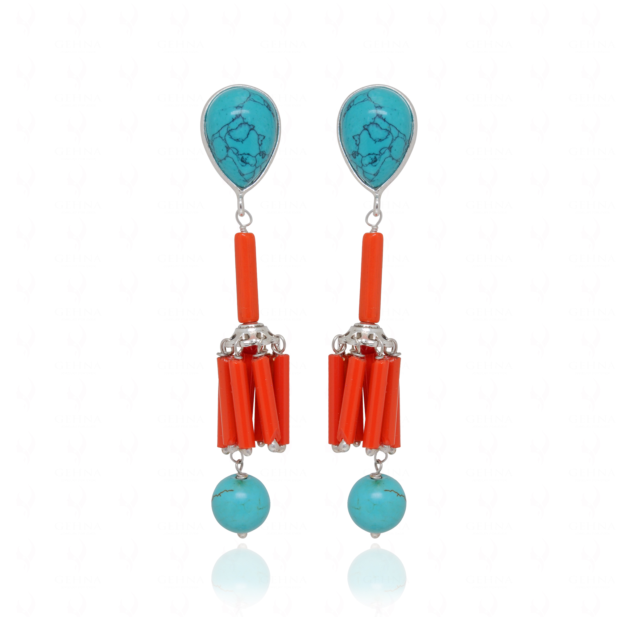 Turquoise & Red Jasper Gemstone Beaded Earrings In 925 Silver ES-1891