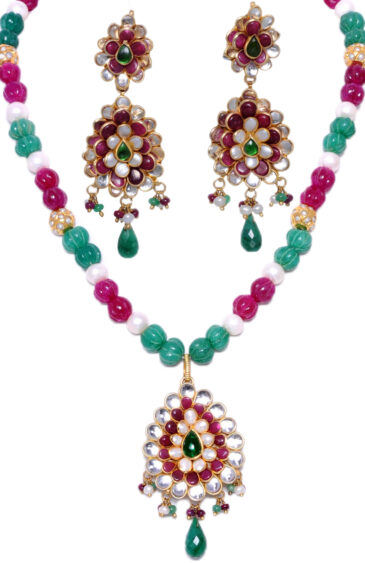 Emerald Ruby & Pearl Studded Pacchi Art Pendant & Earring Set – PN-1001