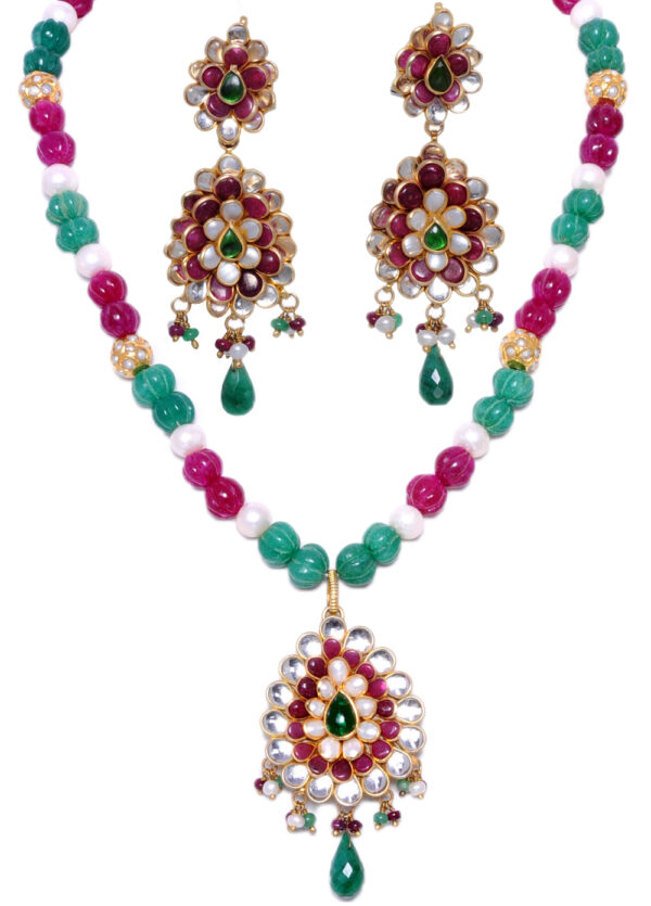 Emerald Ruby & Pearl Studded Pacchi Art Pendant & Earring Set - PN-1001