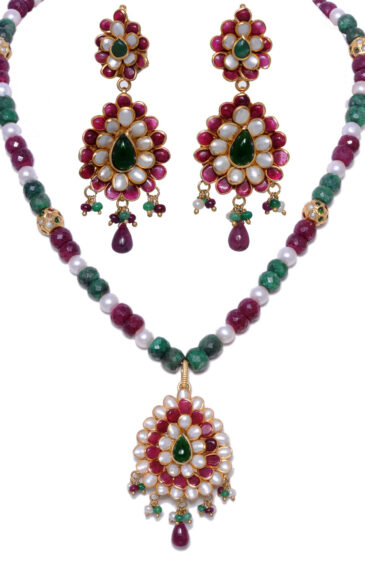 Emerald, Ruby Gemstone & Pearl Studded Pacchi Set – PN-1002
