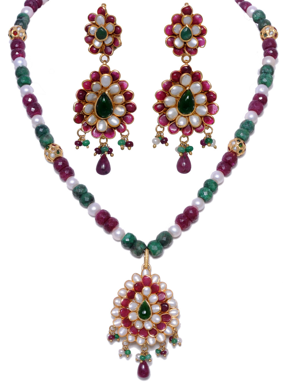Emerald, Ruby Gemstone & Pearl Studded Pacchi Set - PN-1002
