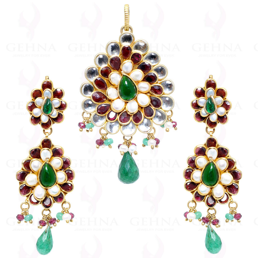 Garnet, Pearl, Kundan & Emerald Gemstone Studded Pacchi Set PP-1004