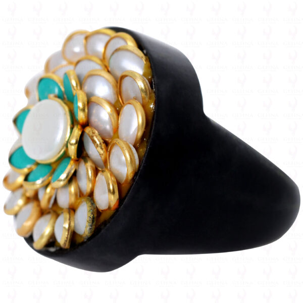 Pearl & Turquoise Colour Stone Pacchi Ring Made In Rose Wood PR-1004