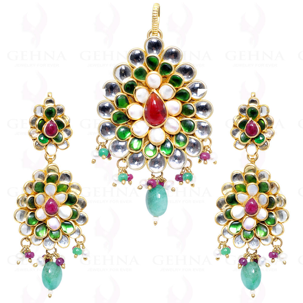 Garnet, Pearl, Kundan & Emerald Gemstone Studded Pacchi Set PP-1005