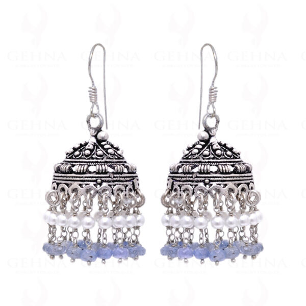 Pearl & Blue Sapphire Gemstone Bead Earrings GE06-1006