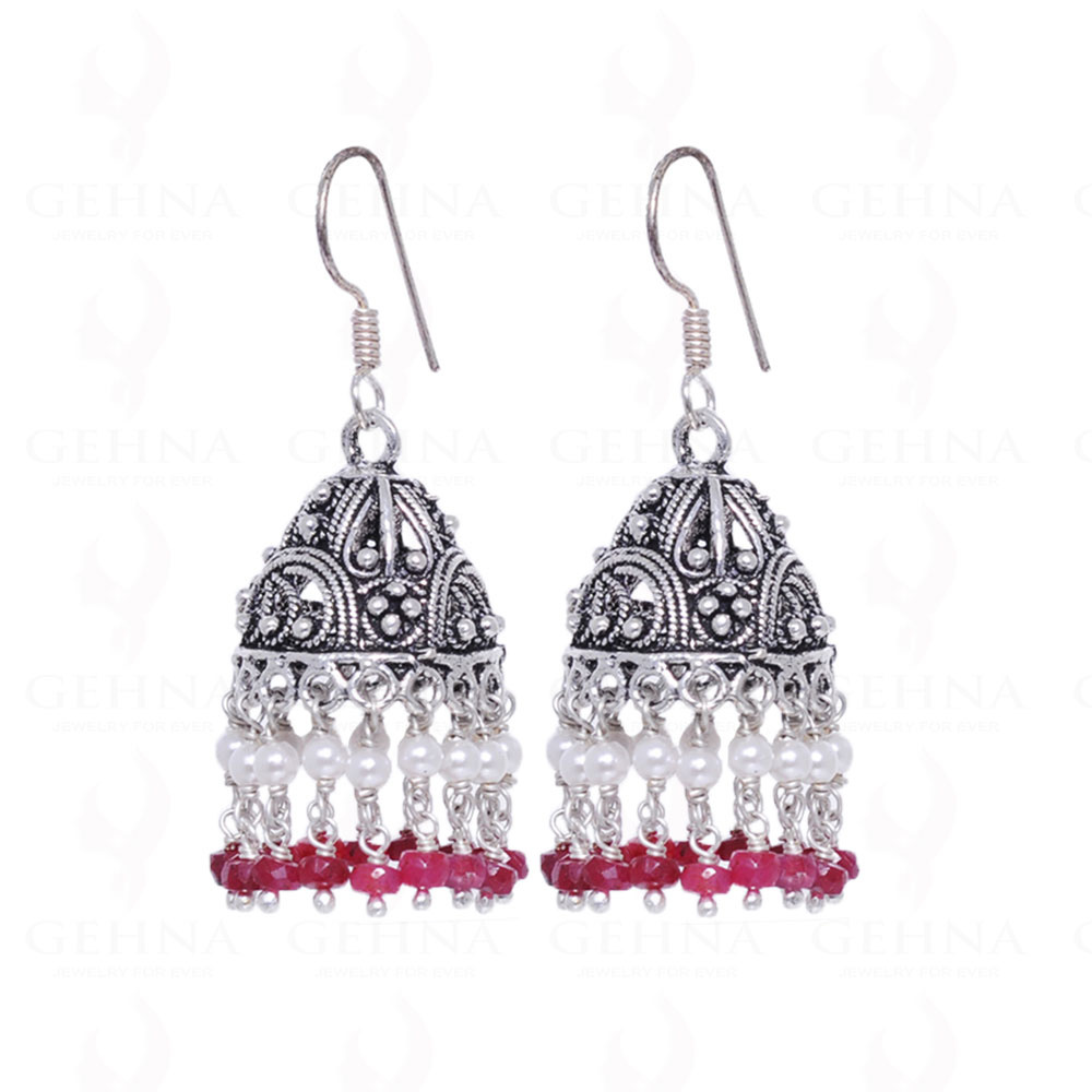 Pearl & Ruby Gemstone Round Bead Earrings GE06-1007