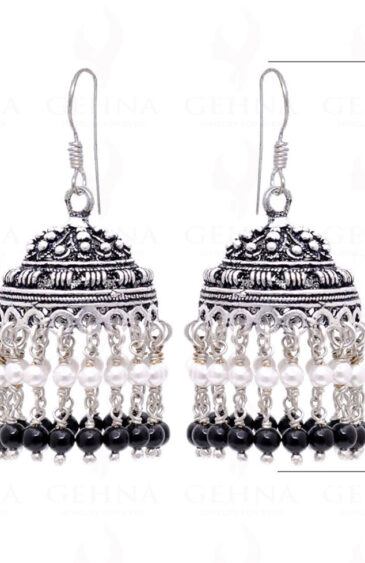 Pearl & Black Spinel Gemstone Round Bead Earrings GE06-1008