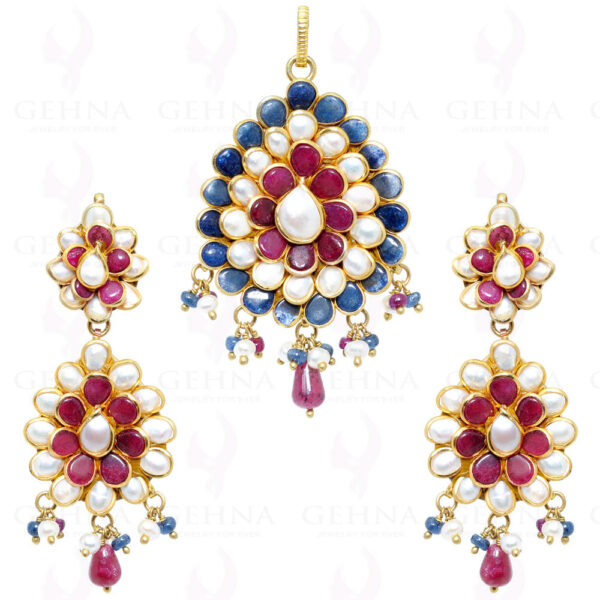 Pearl, Blue Sapphire, Ruby Gemstone Studded Pacchi Set PP-1009
