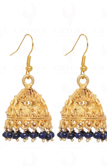 Blue Sapphire Round Bead Earrings With Yellow Gold Rhodium GE06-1014