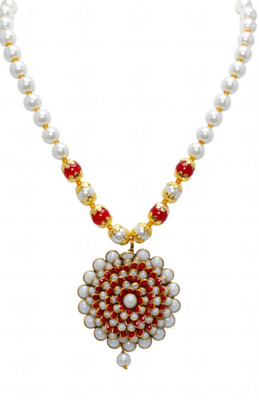 Pearl & Coral Color Stone Studded Pendant & Earring Set  – PN-1022