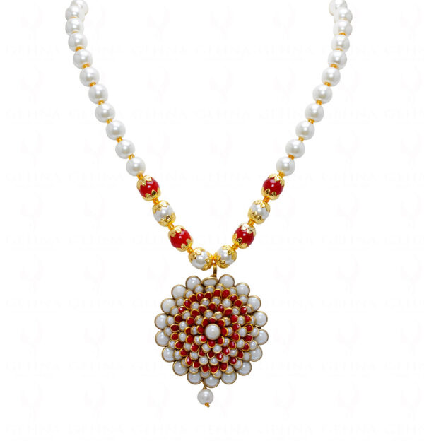Pearl & Coral Color Stone Studded Pendant & Earring Set  - PN-1022