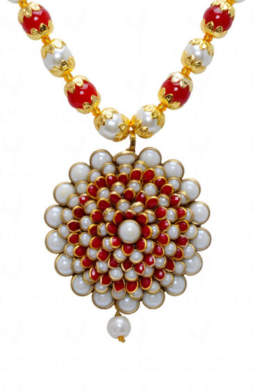 Pearl & Coral Color Stone Studded Pendant & Earring Set  – PN-1022