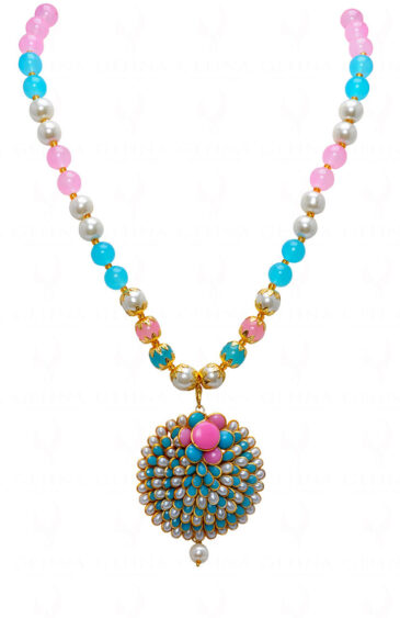 Pearl Turquoise & Rose Quartz Color Stone Studded Pendant & Earring Set – PN-1023