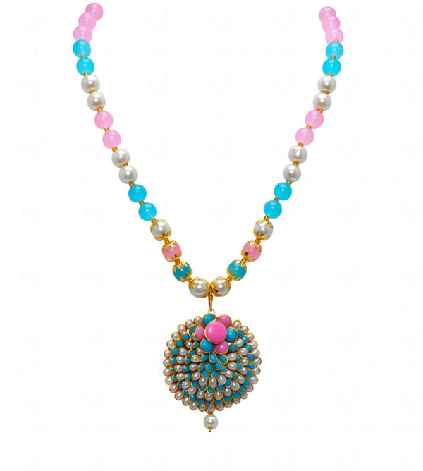 Pearl Turquoise & Rose Quartz Color Stone Studded Pendant & Earring Set - PN-1023
