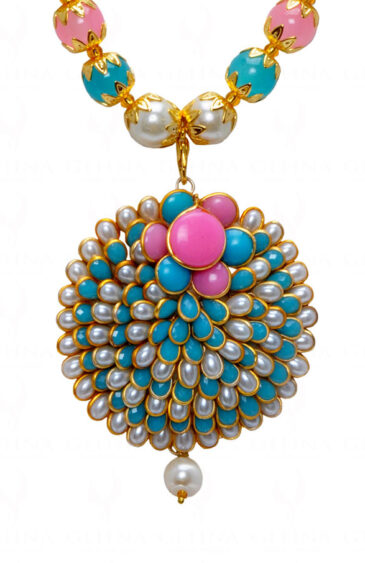 Pearl Turquoise & Rose Quartz Color Stone Studded Pendant & Earring Set – PN-1023