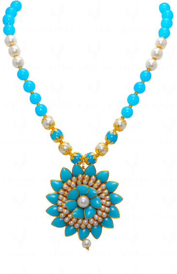 Pearl & Turquoise Color Stone Studded Pacchi Pendant & Earring Set – PN-1024