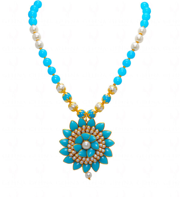 Pearl & Turquoise Color Stone Studded Pacchi Pendant & Earring Set - PN-1024