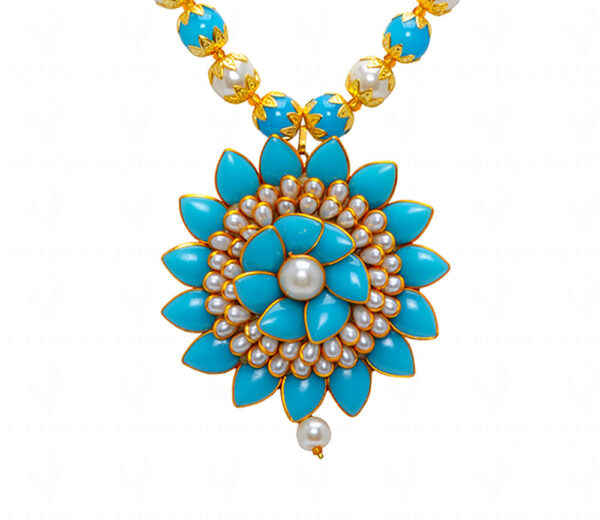 Pearl & Turquoise Color Stone Studded Pacchi Pendant & Earring Set - PN-1024